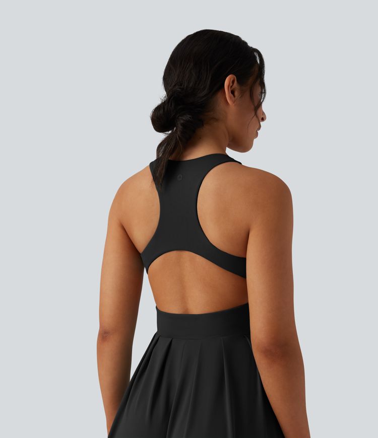 Round Neck Racerback Midi Casual Dress with Pockets