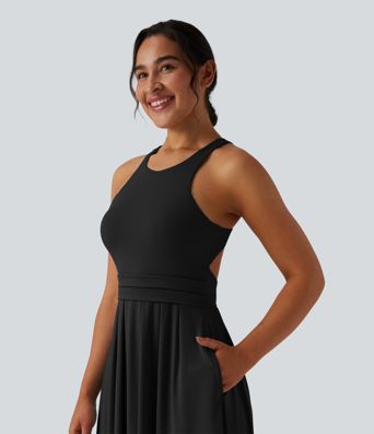 Round Neck Racerback Midi Casual Dress with Pockets