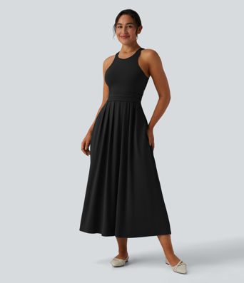 Round Neck Racerback Midi Casual Dress with Pockets