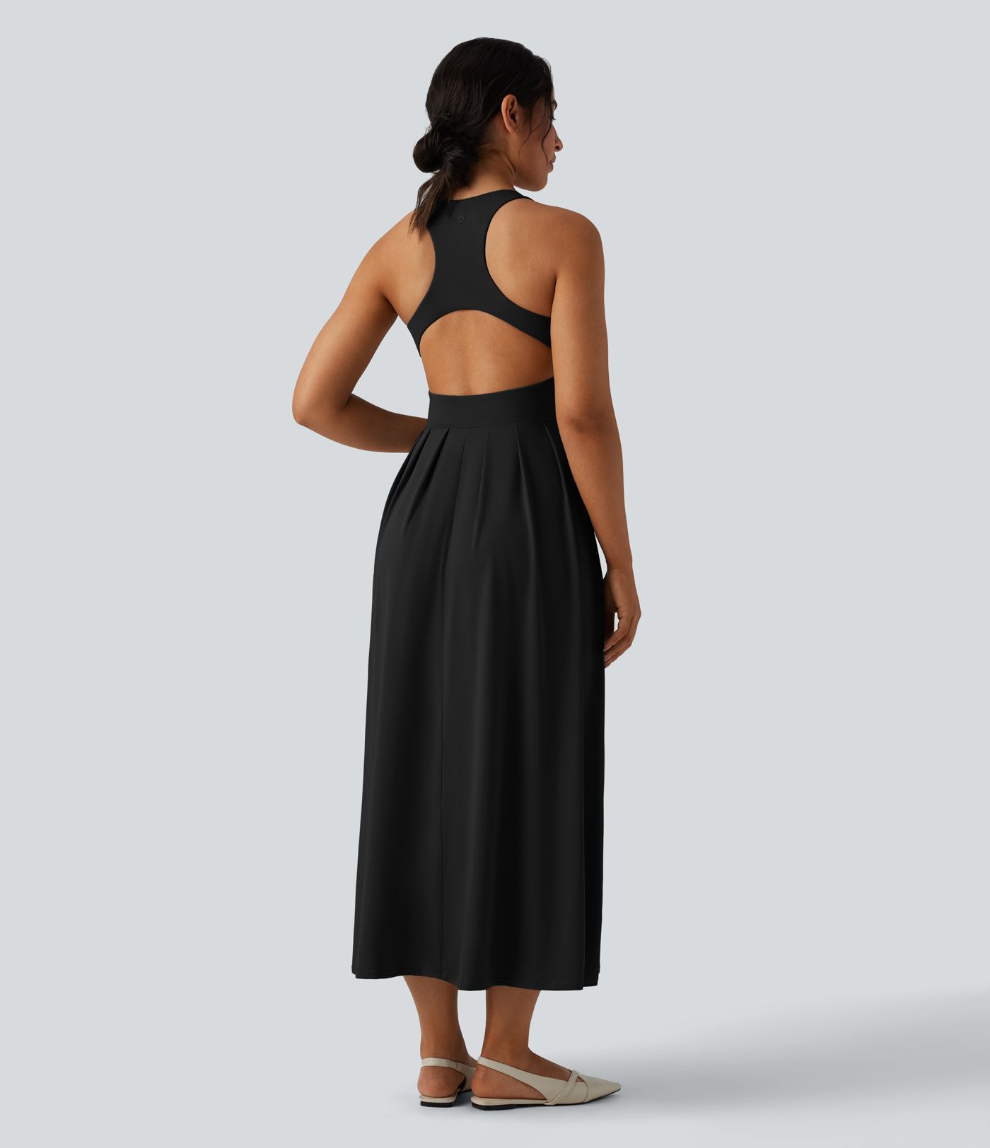 Round Neck Racerback Midi Casual Dress with Pockets