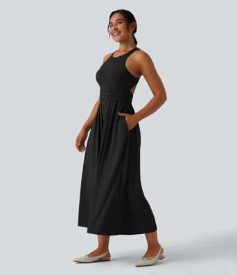 Round Neck Racerback Midi Casual Dress with Pockets