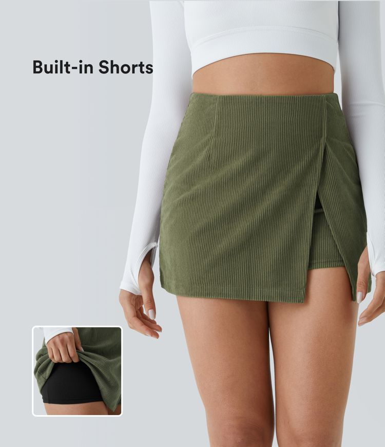 Freizeitrock aus Cord mit hoher Taille, Reißverschluss auf der Rückseite und geteiltem Saum