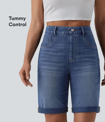 Halara Flex™ High Waisted Tummy Control Rolled Hem Washed Denim Casual Shorts with Pockets