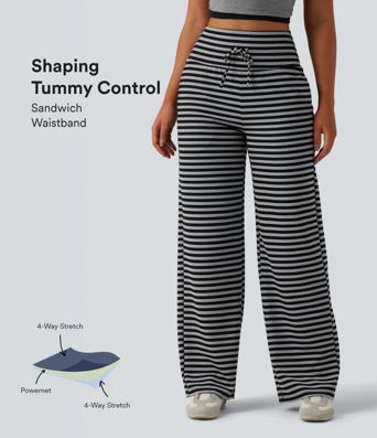 High Waisted Tummy Control Drawstring Wide Leg Stripe Waffle Casual Pants with Pockets