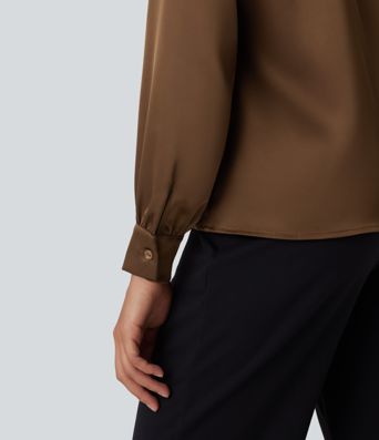 V Neck Long Sleeve Satin-Like Work Blouse