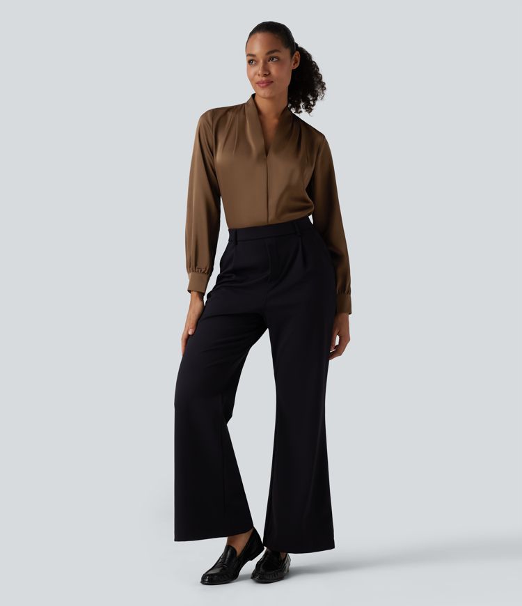 V Neck Long Sleeve Satin-Like Work Blouse