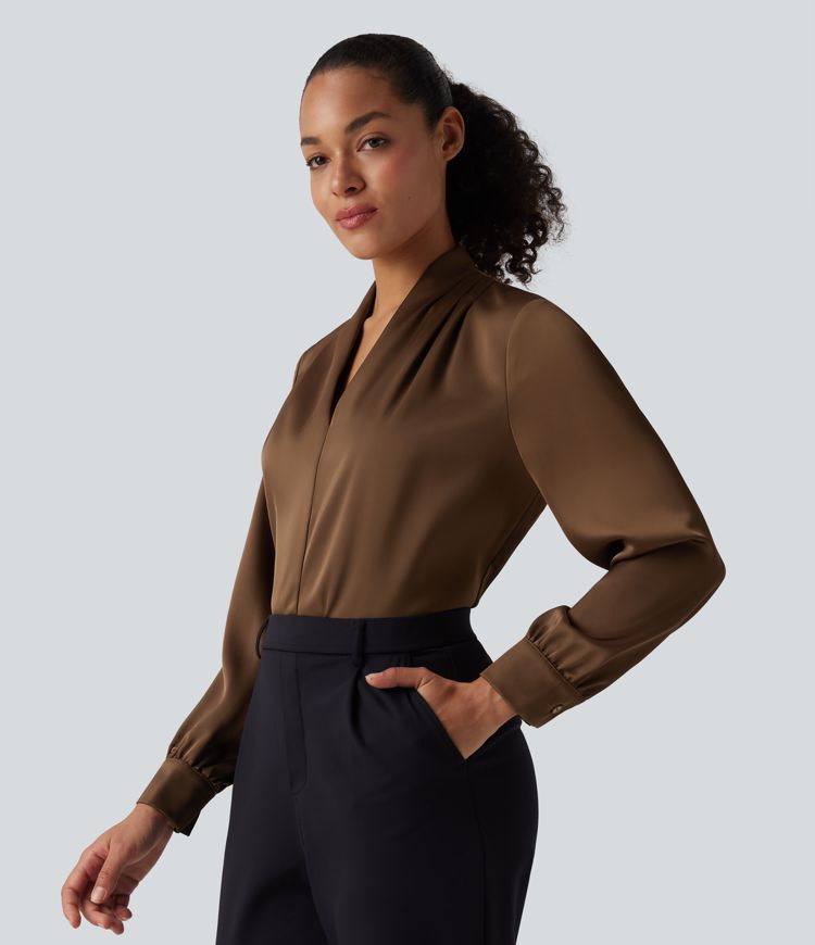 V Neck Long Sleeve Satin-Like Work Blouse