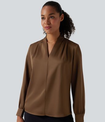 V Neck Long Sleeve Satin-Like Work Blouse