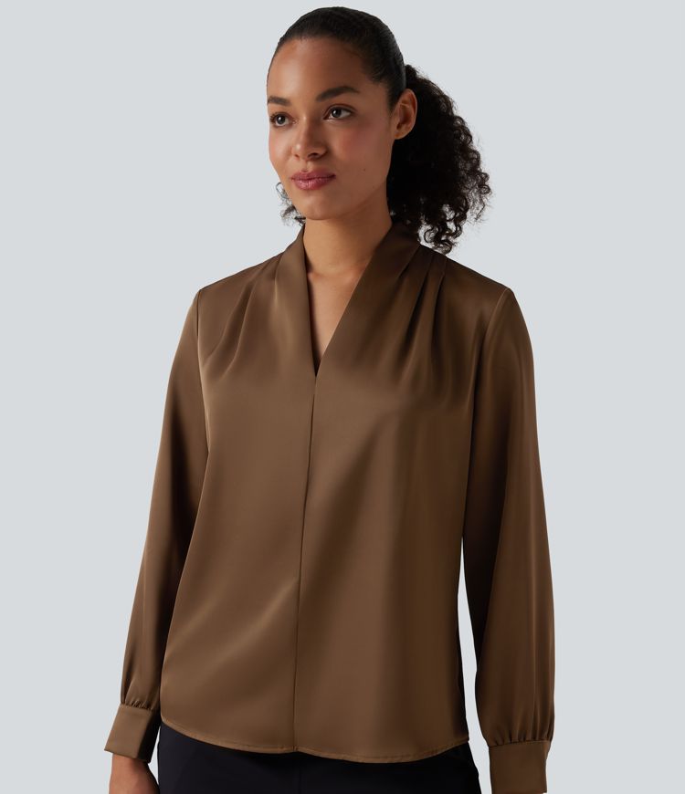 V Neck Long Sleeve Satin-Like Work Blouse