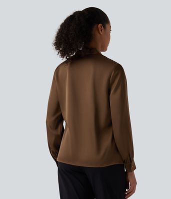 V Neck Long Sleeve Satin-Like Work Blouse