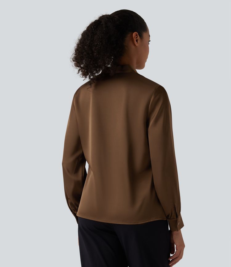 V Neck Long Sleeve Satin-Like Work Blouse