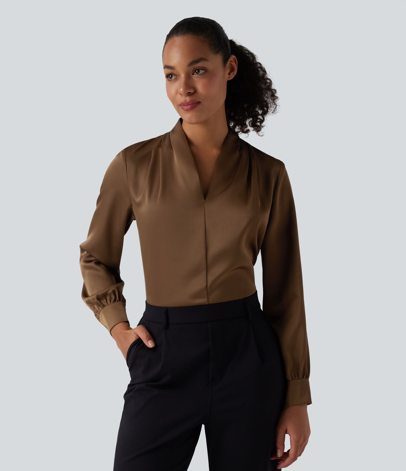 V Neck Long Sleeve Satin-Like Work Blouse