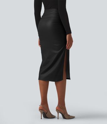 High Waisted Tummy Control Ruched Curved Hem 2-in-1 Fleece PU Midi Casual Skirt