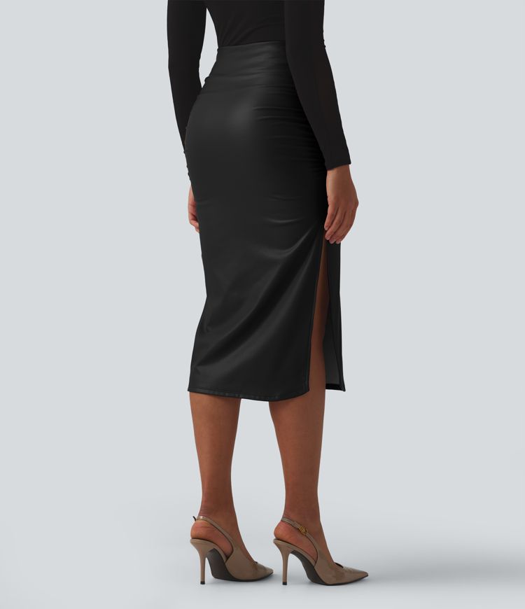 High Waisted Tummy Control Ruched Curved Hem 2-in-1 Fleece PU Midi Casual Skirt