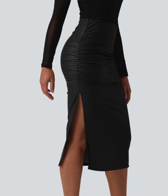 High Waisted Tummy Control Ruched Curved Hem 2-in-1 Fleece PU Midi Casual Skirt
