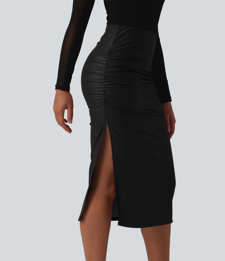 High Waisted Tummy Control Ruched Curved Hem 2-in-1 Fleece PU Midi Casual Skirt