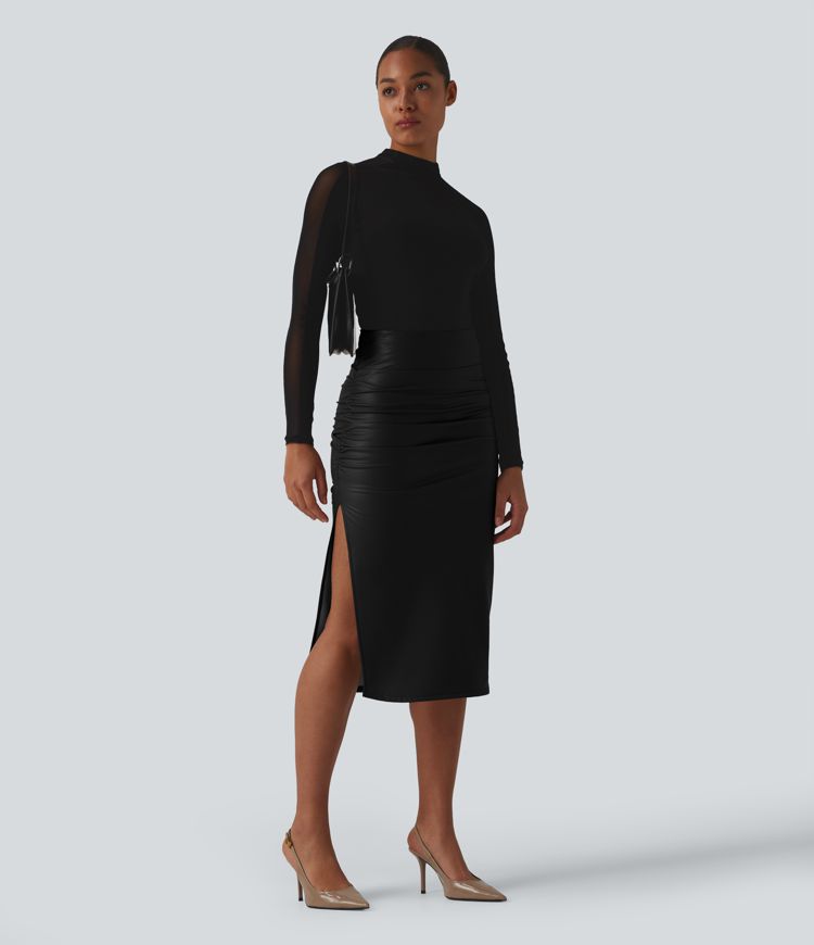 High Waisted Tummy Control Ruched Curved Hem 2-in-1 Fleece PU Midi Casual Skirt