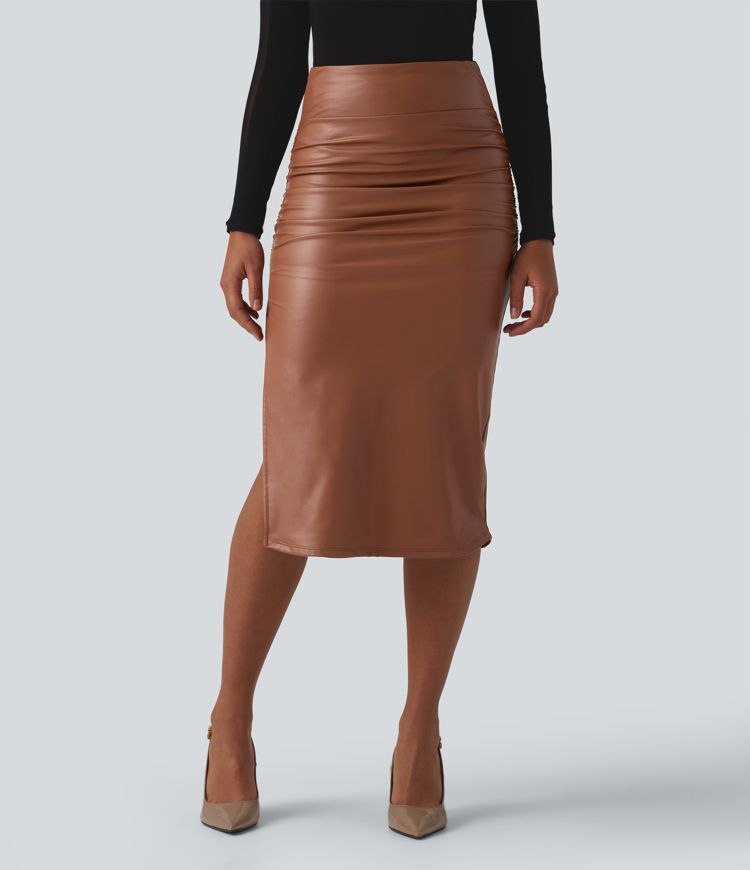 High Waisted Tummy Control Ruched Curved Hem 2-in-1 Fleece PU Midi Casual Skirt