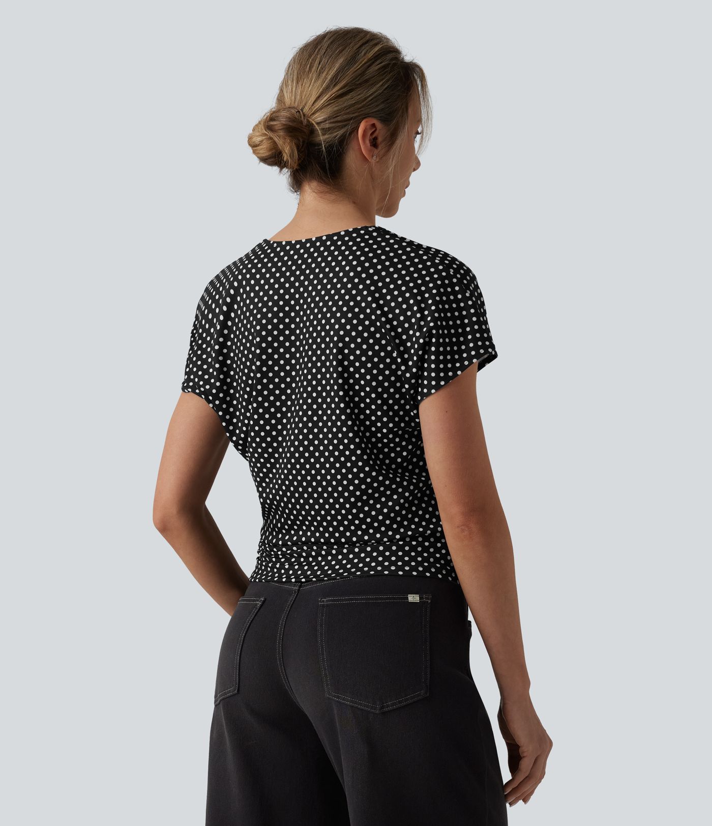 V Neck Short Sleeve Ruched Polka Dot Casual T-Shirt