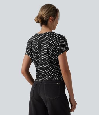 V Neck Short Sleeve Ruched Polka Dot Casual T-Shirt