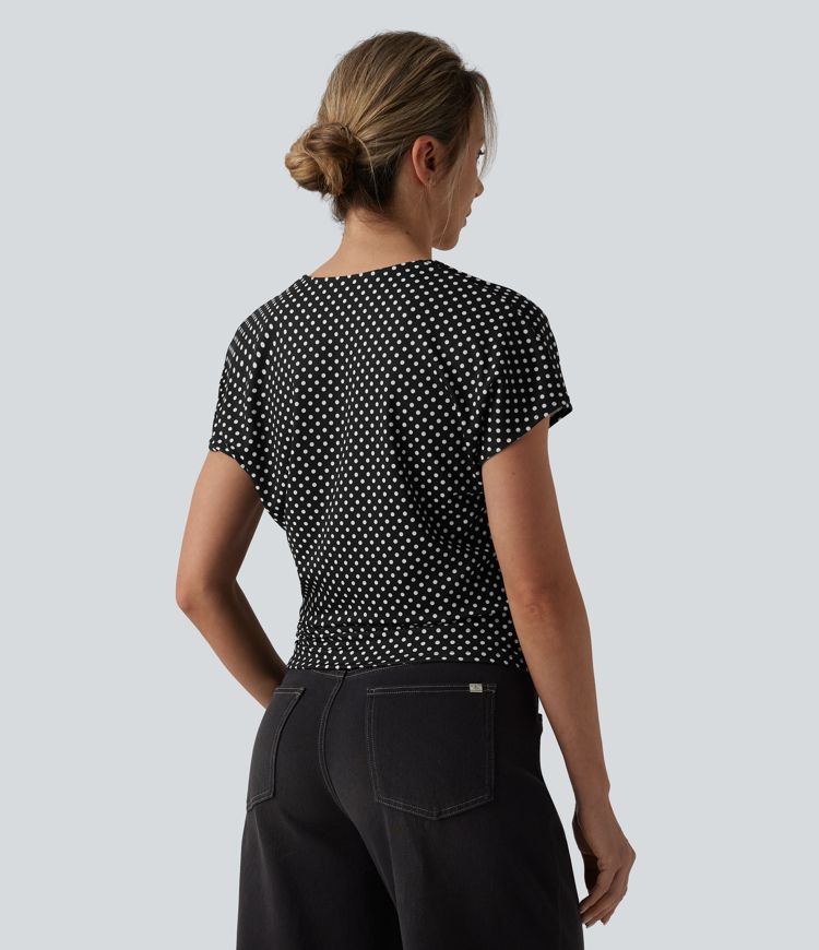 V Neck Short Sleeve Ruched Polka Dot Casual T-Shirt