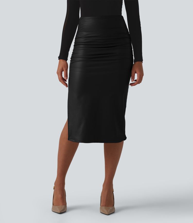 High Waisted Tummy Control Ruched Curved Hem 2-in-1 Fleece PU Midi Casual Skirt