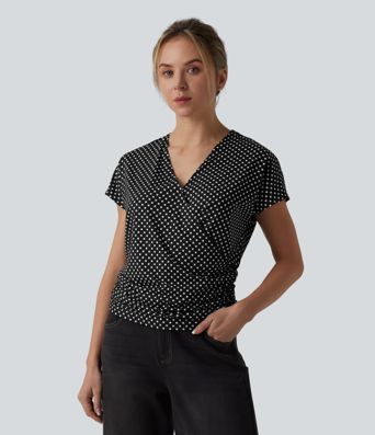 V Neck Short Sleeve Ruched Polka Dot Casual T-Shirt