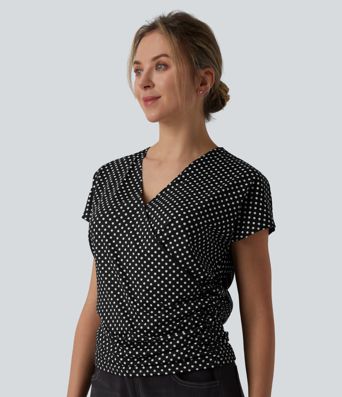 V Neck Short Sleeve Ruched Polka Dot Casual T-Shirt