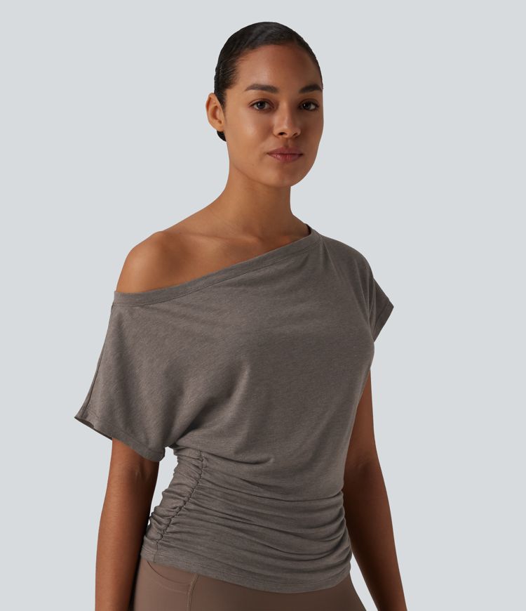 One Shoulder Short Sleeve Ruched Yoga Sports Top