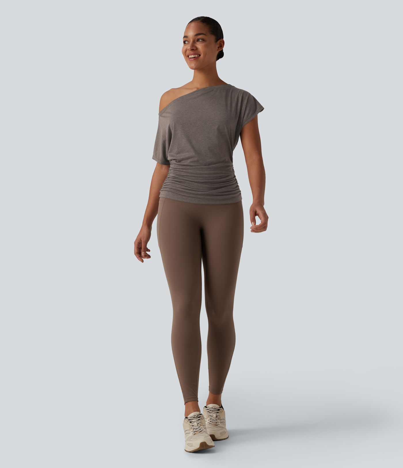 One Shoulder Short Sleeve Ruched Yoga Sports Top