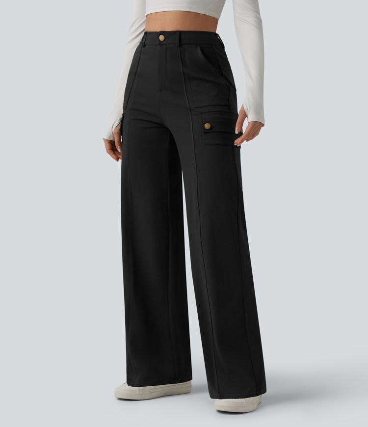 DayStretch High Waisted Straight Leg Casual Cargo Trousers with Pockets