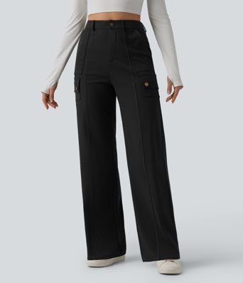 DayStretch High Waisted Straight Leg Casual Cargo Trousers with Pockets