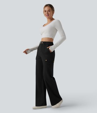 DayStretch High Waisted Straight Leg Casual Cargo Trousers with Pockets