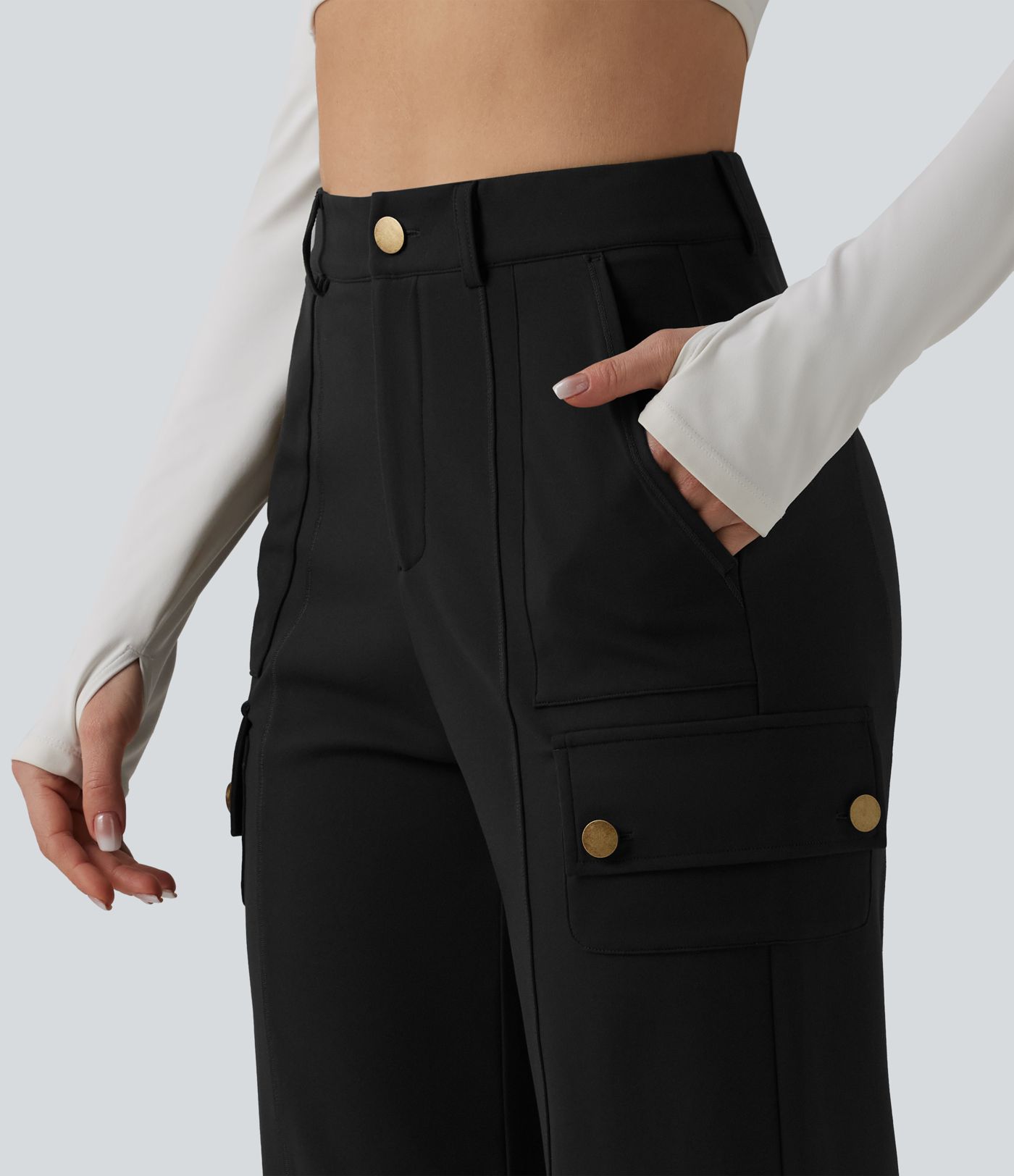 DayStretch High Waisted Straight Leg Casual Cargo Trousers with Pockets