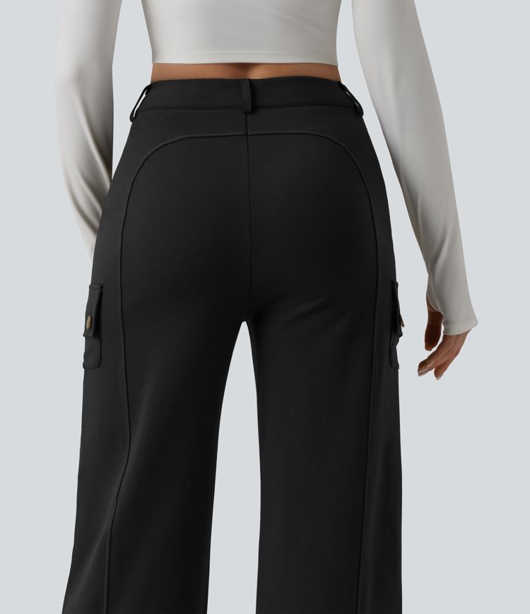 DayStretch High Waisted Straight Leg Casual Cargo Trousers with Pockets