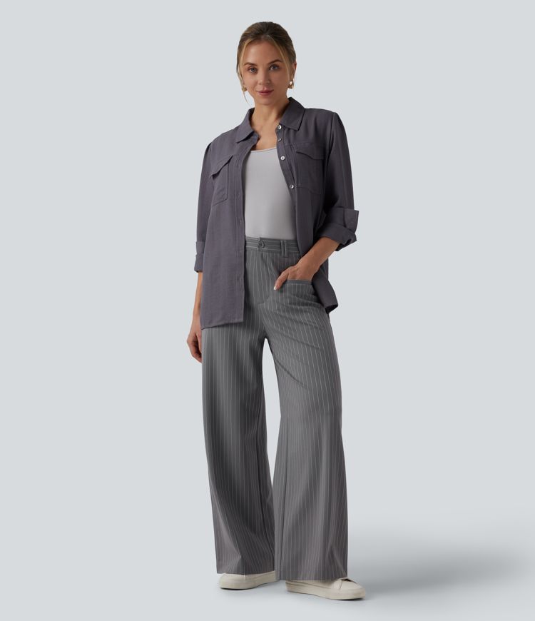 Halara Flex™ Mid Rise Wide Leg Cool Touch Stripe Work Trousers with Pockets