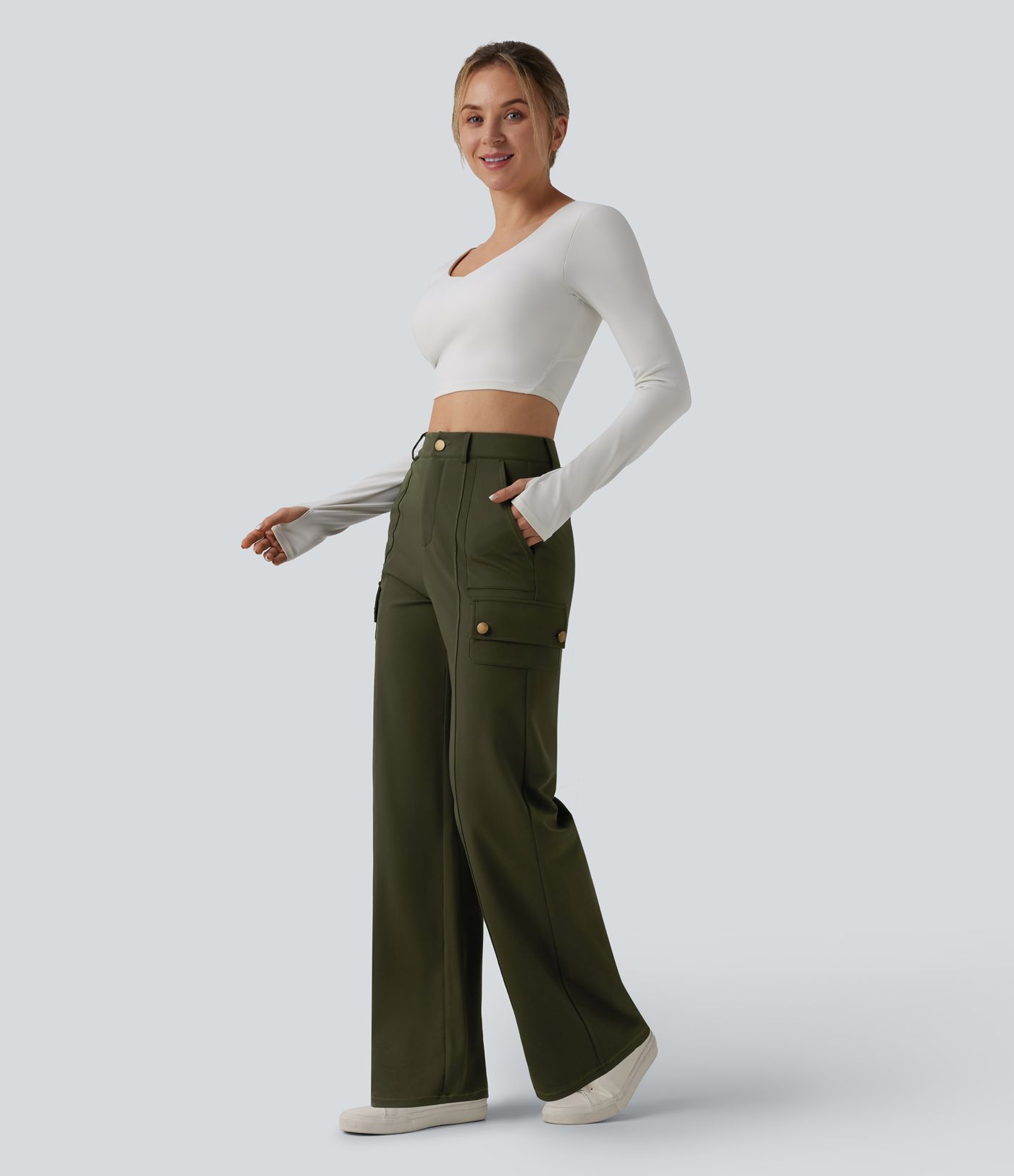 DayStretch High Waisted Straight Leg Casual Cargo Pants with Pockets