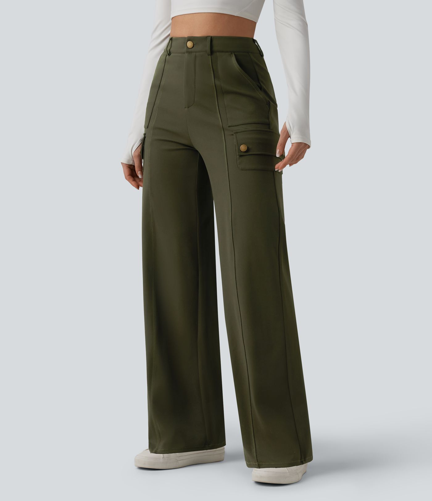 DayStretch High Waisted Straight Leg Casual Cargo Pants with Pockets