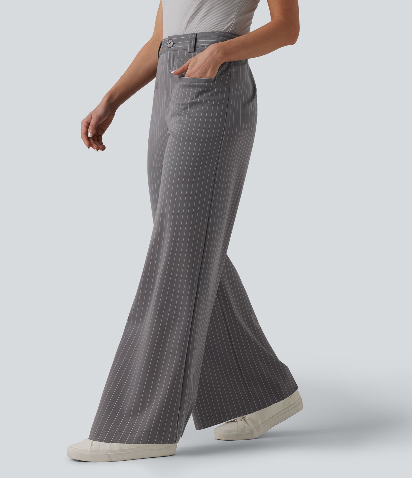 Halara Flex™ Mid Rise Wide Leg Cool Touch Stripe Work Trousers with Pockets
