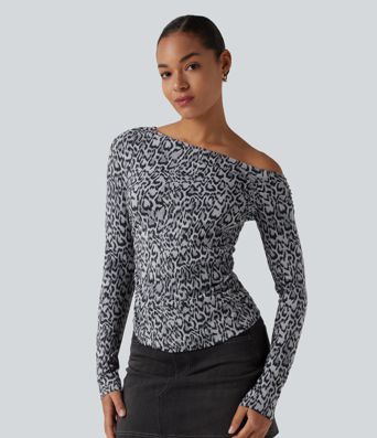 One Shoulder Long Sleeve Leopard Print Casual T-Shirt
