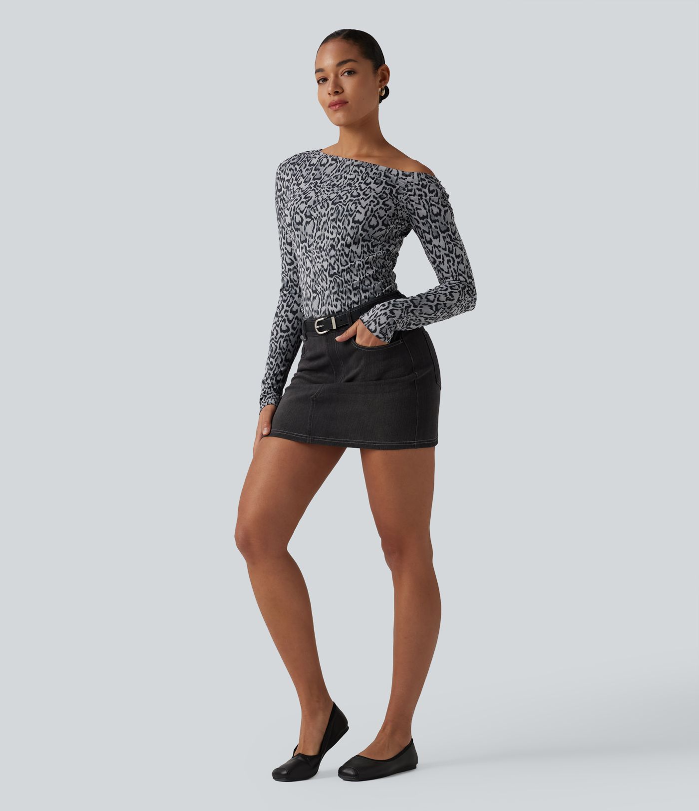 One Shoulder Long Sleeve Leopard Print Casual T-Shirt