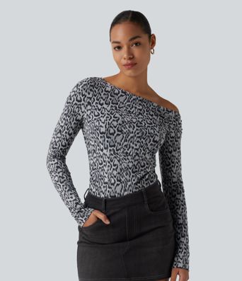 One Shoulder Long Sleeve Leopard Print Casual T-Shirt