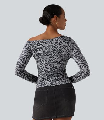 One Shoulder Long Sleeve Leopard Print Casual T-Shirt