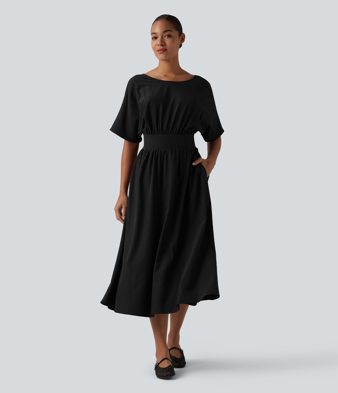 Round Neck Short Sleeve Tie Back Midi Casual Dress with Pockets