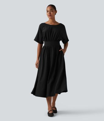 Round Neck Short Sleeve Tie Back Midi Casual Dress with Pockets
