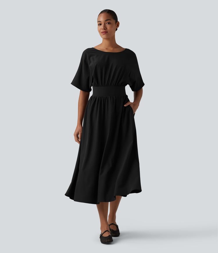 Round Neck Short Sleeve Tie Back Midi Casual Dress with Pockets