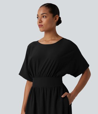 Round Neck Short Sleeve Tie Back Midi Casual Dress with Pockets