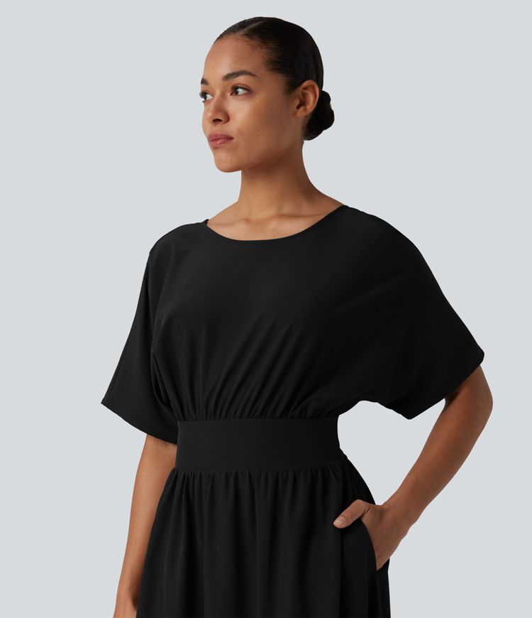 Round Neck Short Sleeve Tie Back Midi Casual Dress with Pockets