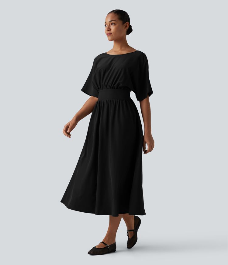Round Neck Short Sleeve Tie Back Midi Casual Dress with Pockets