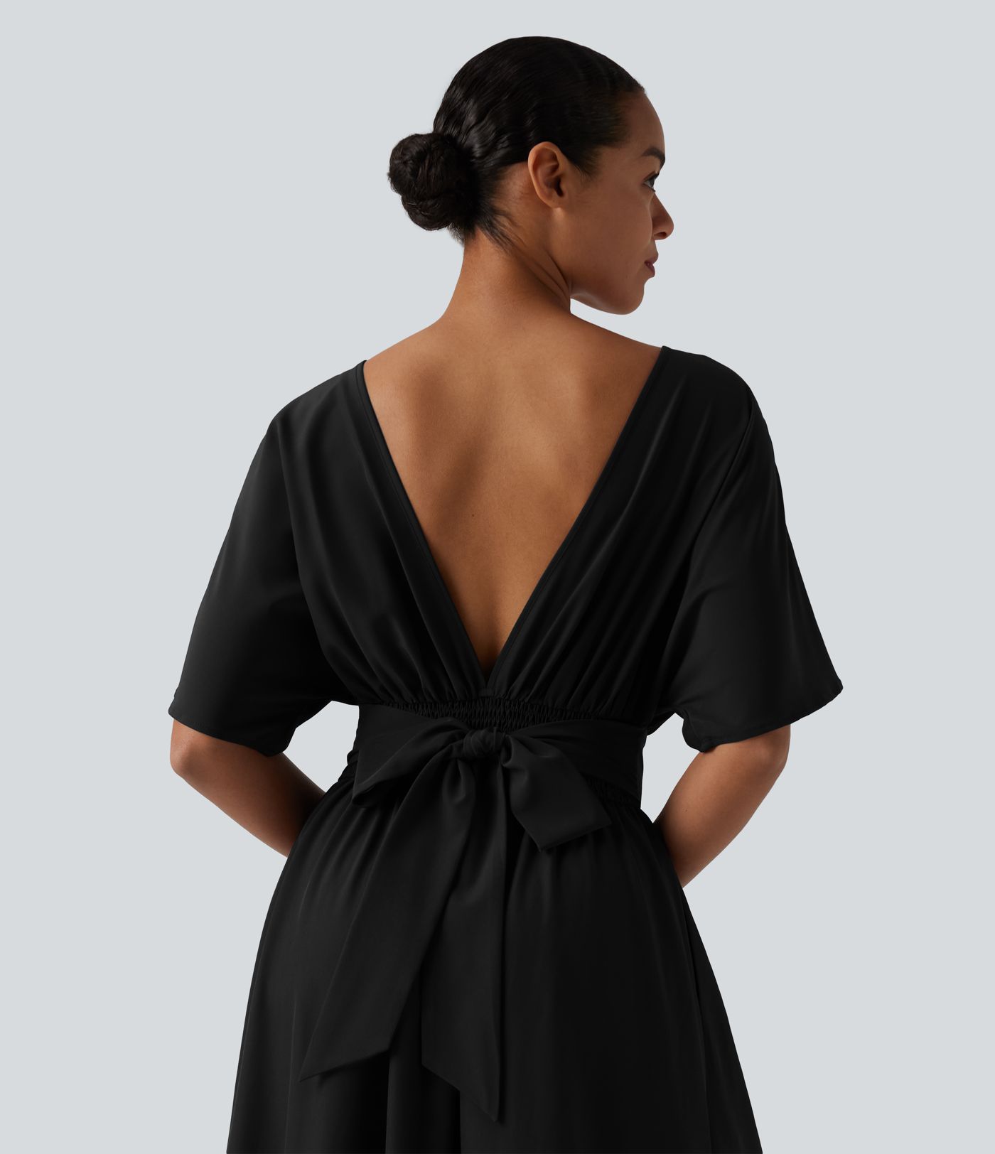 Round Neck Short Sleeve Tie Back Midi Casual Dress with Pockets